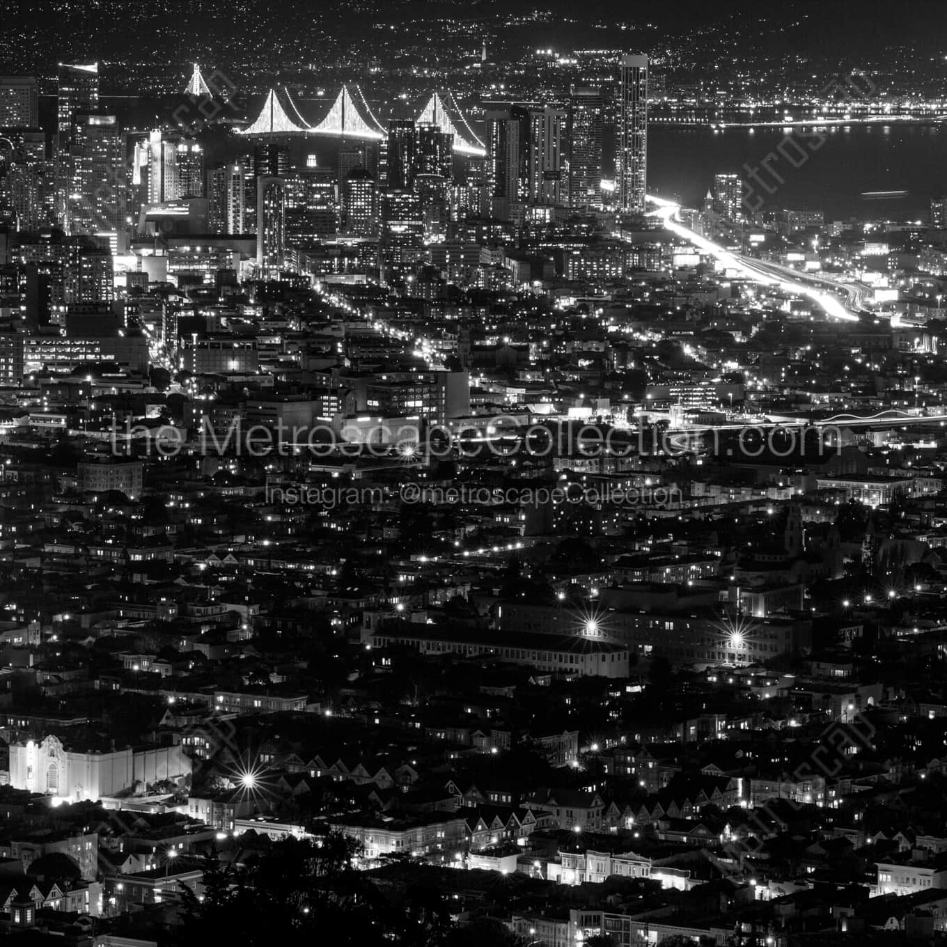 Downtown San Francisco Night black and white: Square crop